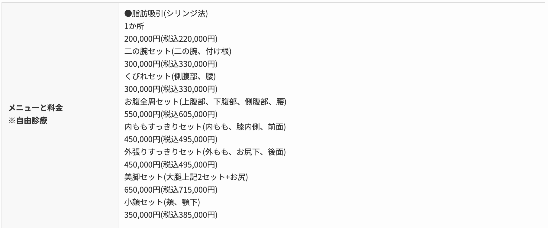 脂肪吸引　アモーレクリニック　料金