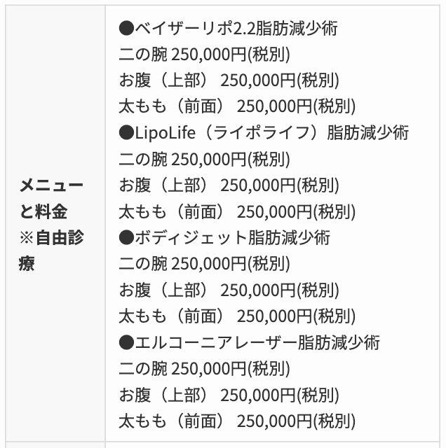 脂肪吸引　聖心美容クリニック　料金